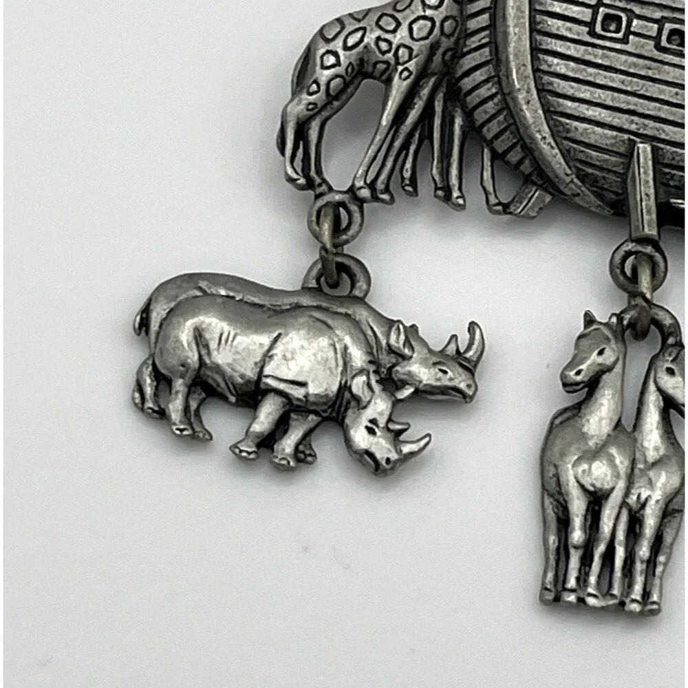 Vintage Pewter JJ Jonette Noah's Ark Brooch Pin Animal Dangles Charms Camel Lion